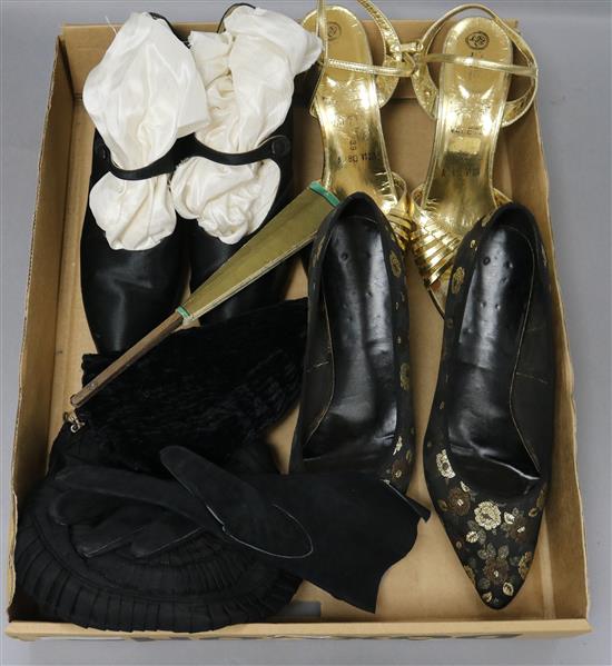 A 1920s black silk shoes, two other pairs of shoes, a cloch hat, gloves, an evening bag and a paper advertising fan